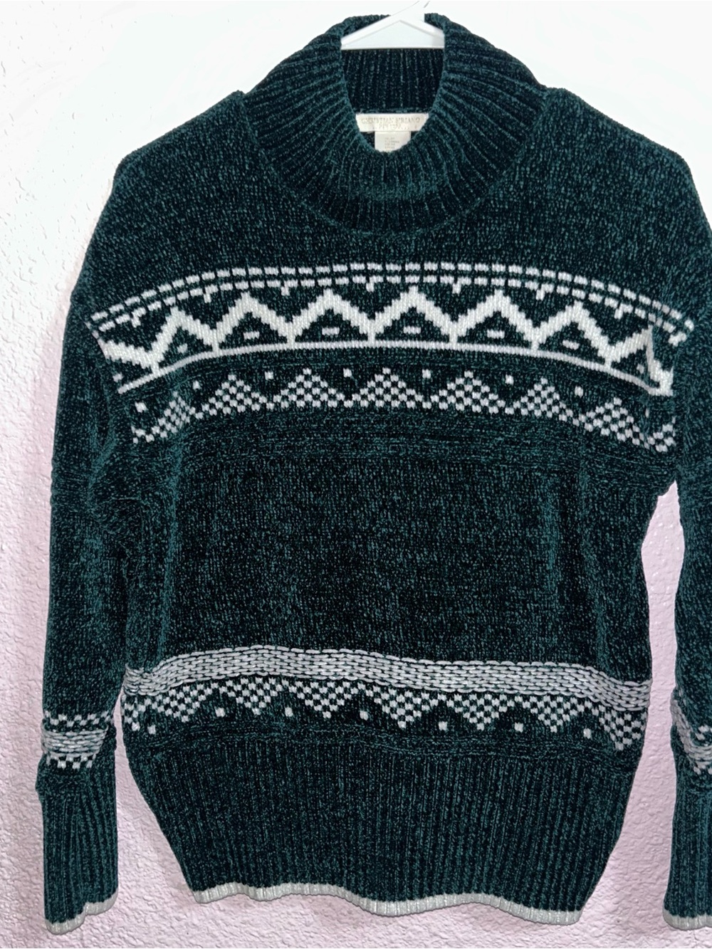 Christian Siriano Dark Green and White Patterned Turtleneck Sweater
